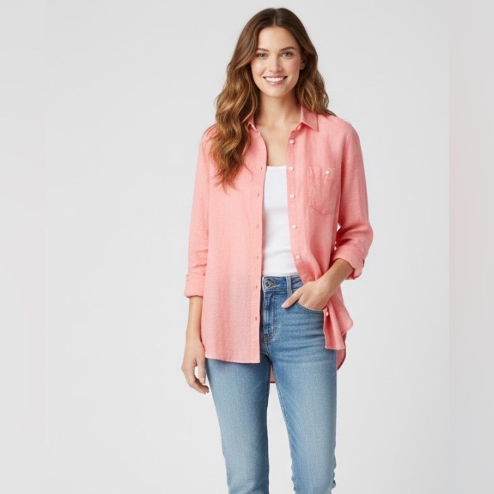 🍑 J Crew Shirt SZ 8 Womens Linen Cotton Blend Coral Pink Button Down Long Sleeve